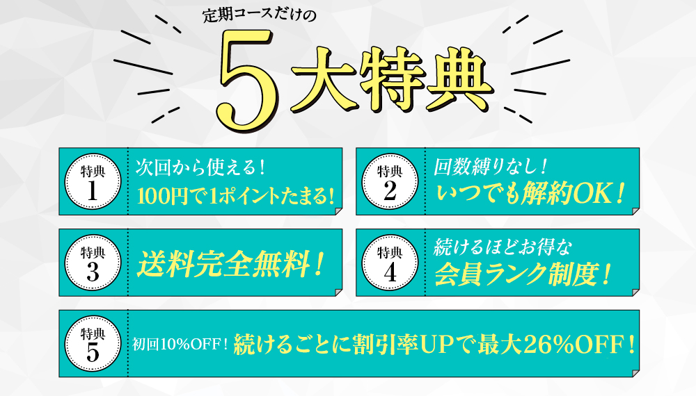 定期コースだけの5大特典　特典1今だけお得！約10〜26%OFF!　特典2回数縛りなし！いつでも解約OK！　特典3送料完全無料！　特典4続けるほどお得な会員ランク制度！　特典5次回から使える！100円＝1ポイントのポイント制度！