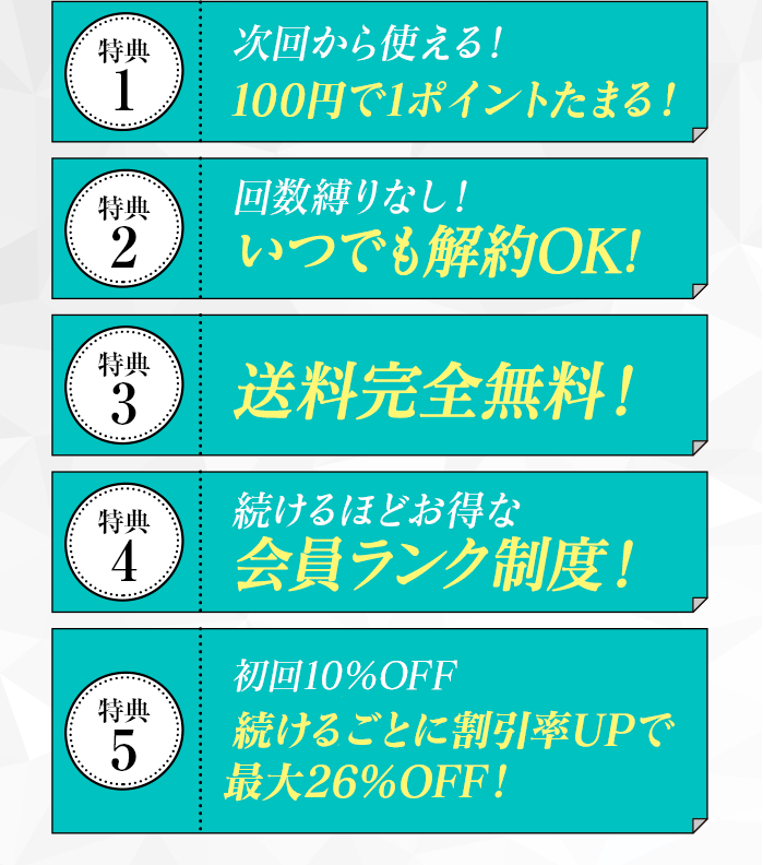 特典1今だけお得！約10〜26%OFF!　特典2回数縛りなし！いつでも解約OK！　特典3送料完全無料！　特典4続けるほどお得な会員ランク制度！　特典5次回から使える！100円＝1ポイントのポイント制度！