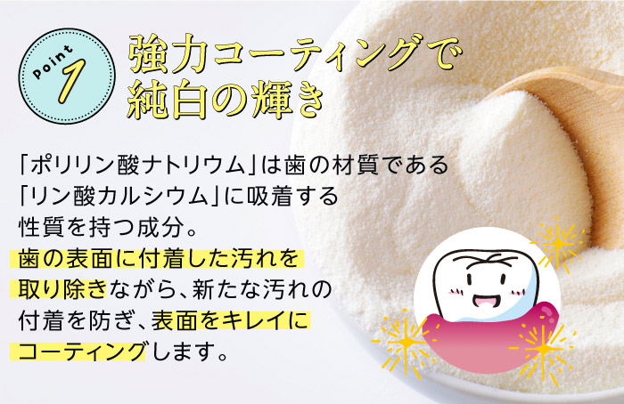 Point1　強力コーティングで純白の輝き　「ポリリン酸ナトリウム」は歯の材質である「リン酸カルシウム」に吸着する性質を持つ成分。歯の表面に付着した汚れを取り除きながら、新たな汚れの付着を防ぎ、表面をキレイにコーティングします。