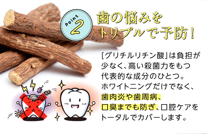 Point2　歯の悩みをトリプルで予防！　[グリチルリチン酸」は負担が少なく、高い殺菌力をもつ代表的な成分のひとつ。
ホワイトニングだけでなく、歯肉炎や歯周病、口臭までも防ぎ、口腔ケアをトータルでカバーします。