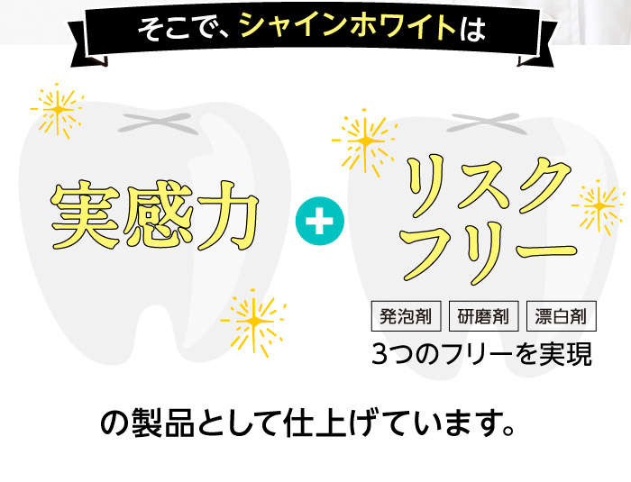 そこで、シャインホワイトは実感力+リスクフリー（発泡剤・研磨剤・漂白剤）3つのフリーを実現　の製品として仕上げています。